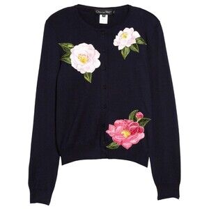 Oscar de la Renta Camellia Embroidered Virgin Wool Cardigan Sweater Navy Size XL